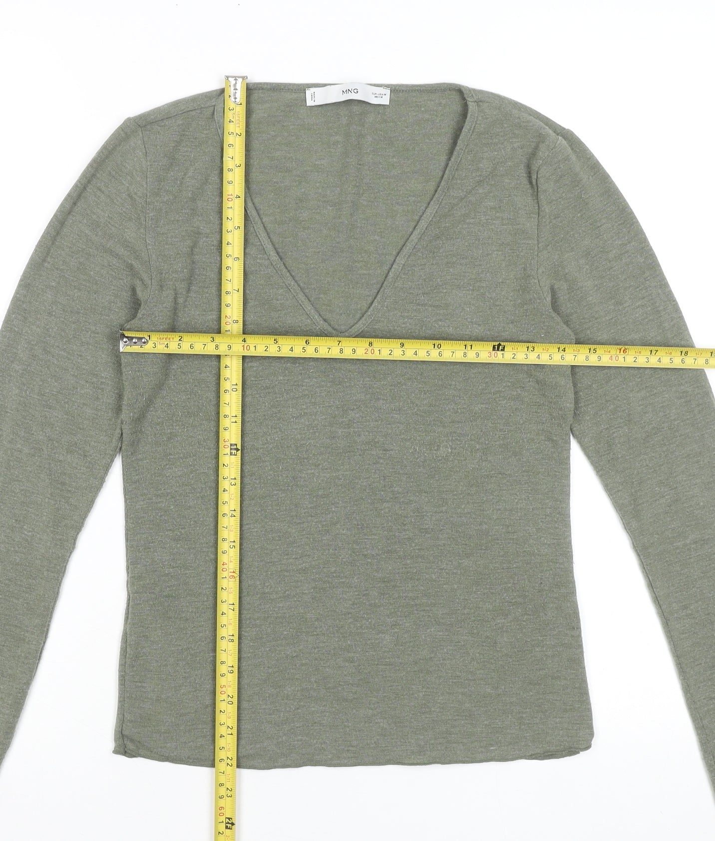 MNG Women's Green Long Sleeve V-Neck Slim Fit Jersey Top Size M