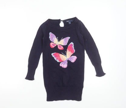 Gap Kids Girls Blue Butterfly Knit Sweater Dress 4-5 Years Cotton Long Sleeve