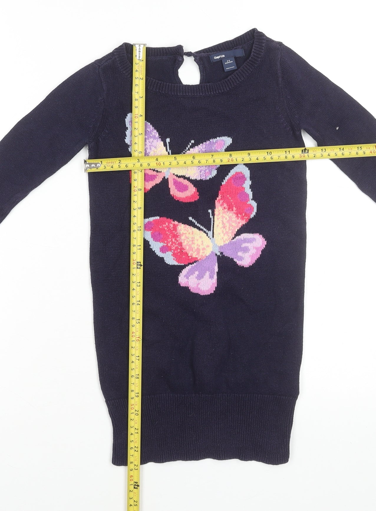 Gap Kids Girls Blue Butterfly Knit Sweater Dress 4-5 Years Cotton Long Sleeve