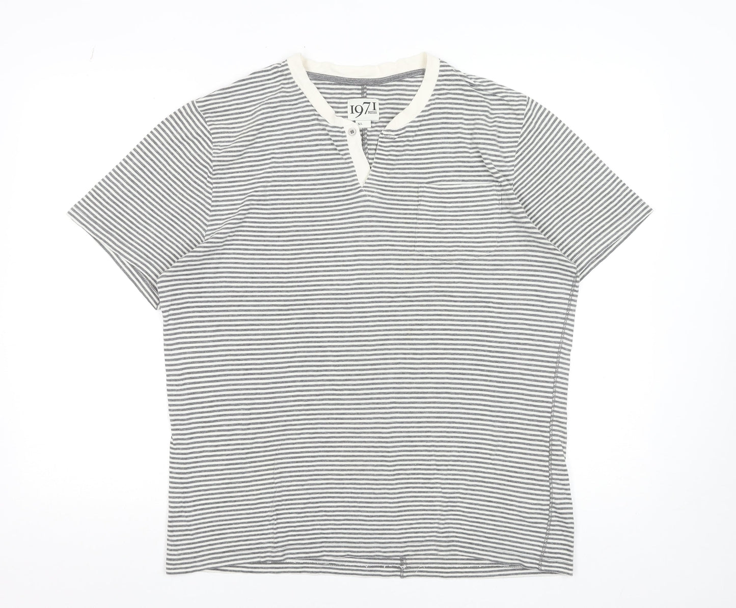 Reiss 1971 Men's Grey Striped Henley T-Shirt XL Cotton Blend