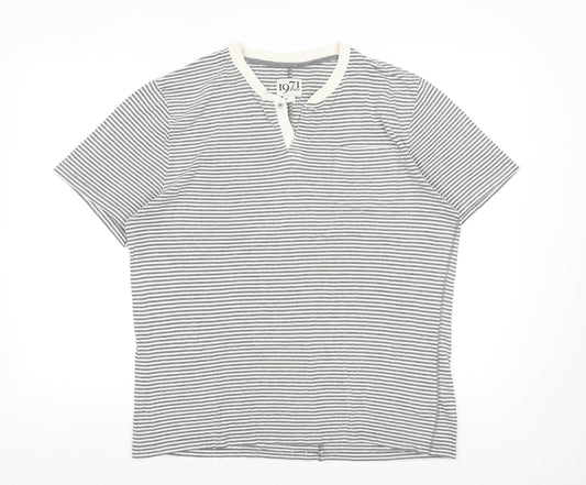 Reiss 1971 Men's Grey Striped Henley T-Shirt XL Cotton Blend