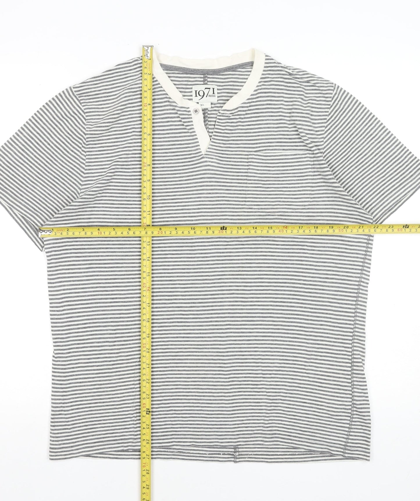 Reiss 1971 Men's Grey Striped Henley T-Shirt XL Cotton Blend