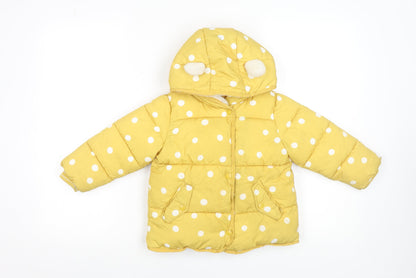 Next Girls Yellow Polka Dot Hooded Puffer Jacket 2-3 Years Polyester