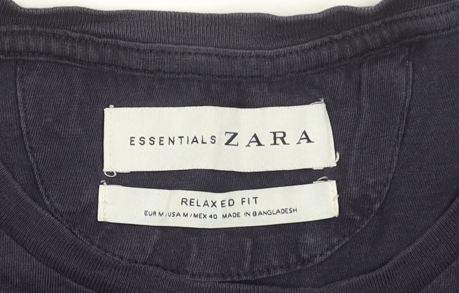 Zara Essentials Men's Navy Blue Relaxed Fit Cotton T-Shirt Size M