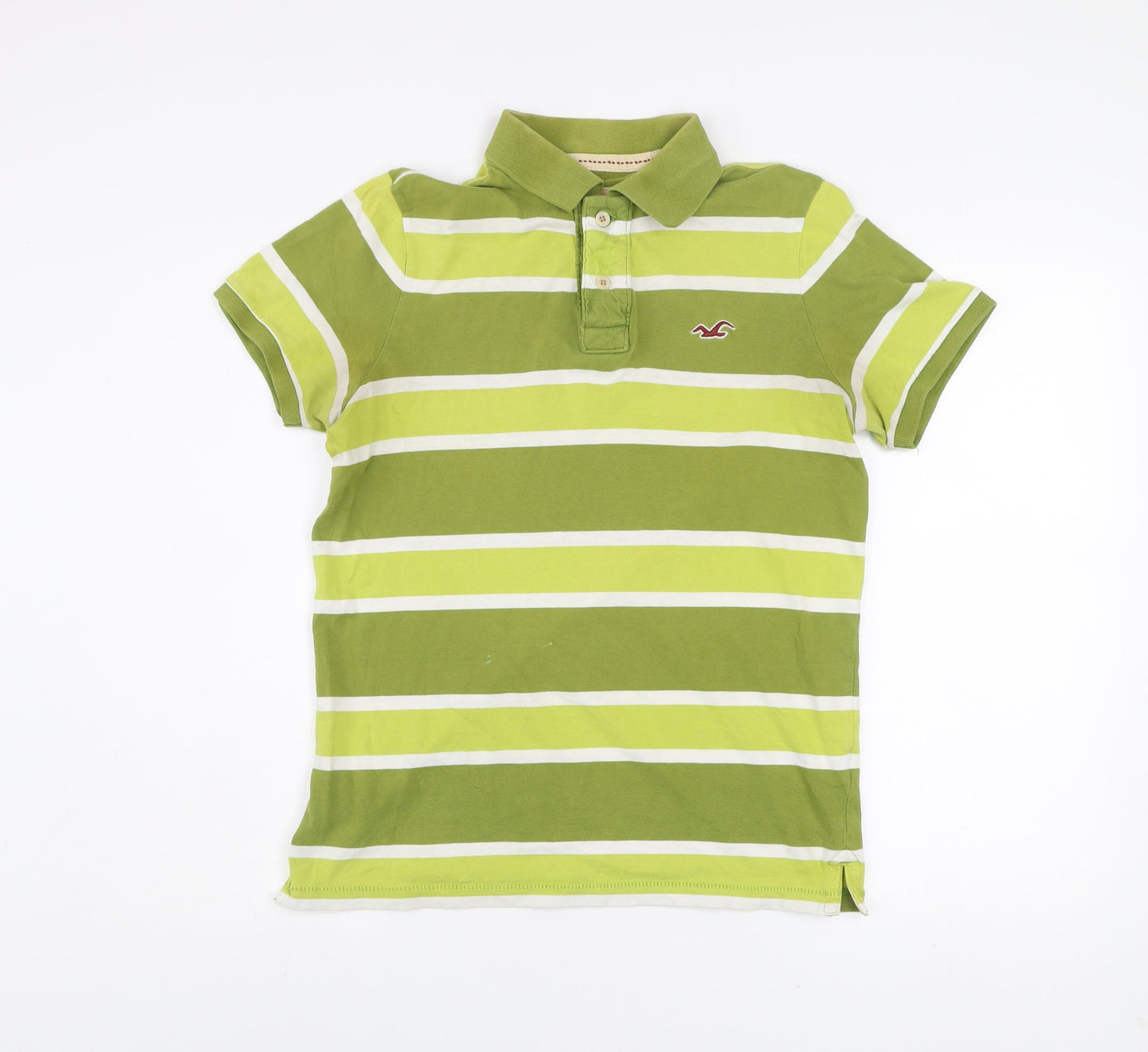 Hollister Men's Green Striped Short Sleeve Polo Shirt M