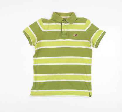 Hollister Men's Green Striped Short Sleeve Polo Shirt M