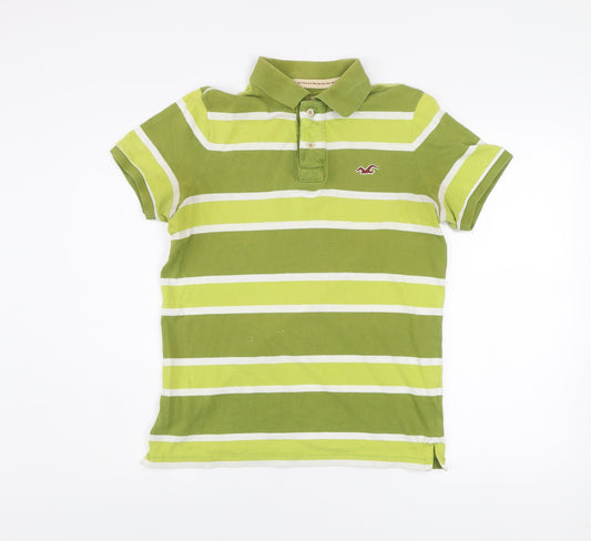Hollister Men's Green Striped Short Sleeve Polo Shirt M