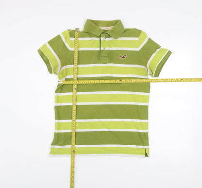 Hollister Men's Green Striped Short Sleeve Polo Shirt M