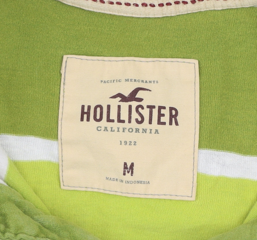 Hollister Men's Green Striped Short Sleeve Polo Shirt M