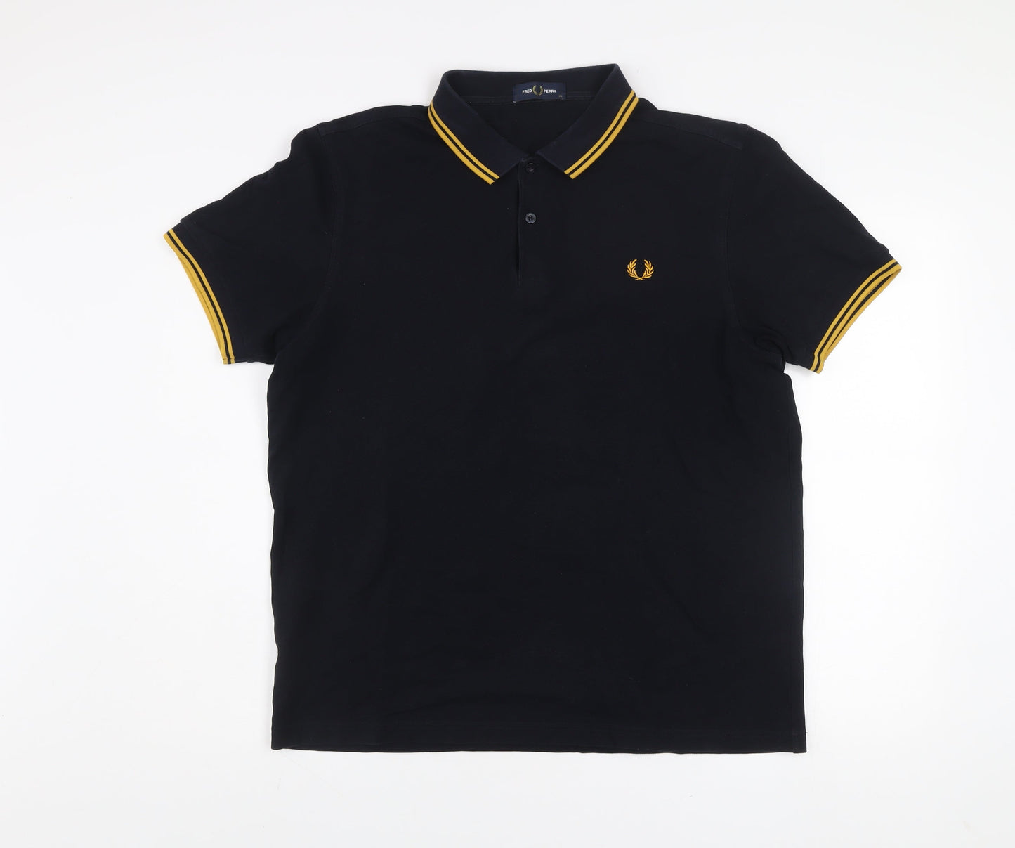 Fred Perry Men's Black XL Slim Fit Cotton Polo Shirt with Yellow Tipped Collar
