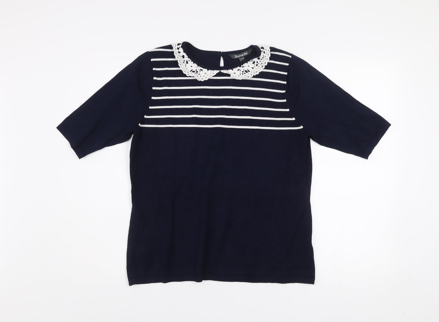 Bonmarché Women's Blue Striped Crochet Collar Short Sleeve Blouse Size 16