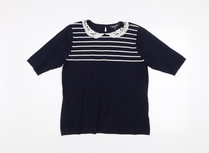 Bonmarché Women's Blue Striped Crochet Collar Short Sleeve Blouse Size 16