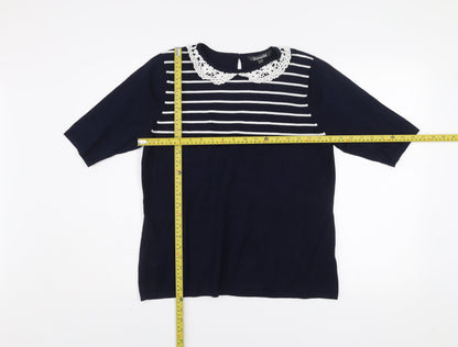 Bonmarché Women's Blue Striped Crochet Collar Short Sleeve Blouse Size 16