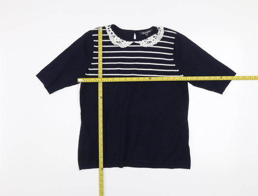 Bonmarché Women's Blue Striped Crochet Collar Short Sleeve Blouse Size 16