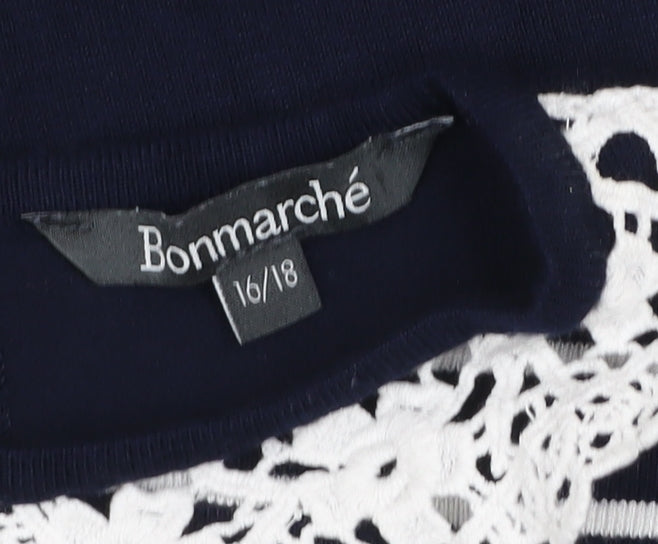 Bonmarché Women's Blue Striped Crochet Collar Short Sleeve Blouse Size 16