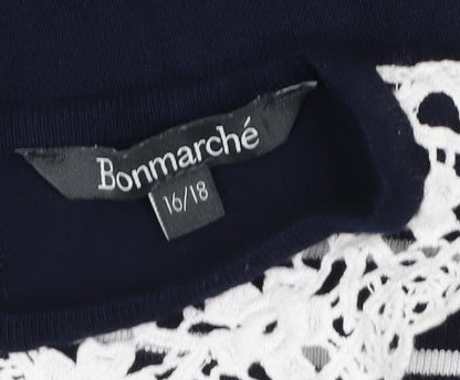 Bonmarché Women's Blue Striped Crochet Collar Short Sleeve Blouse Size 16