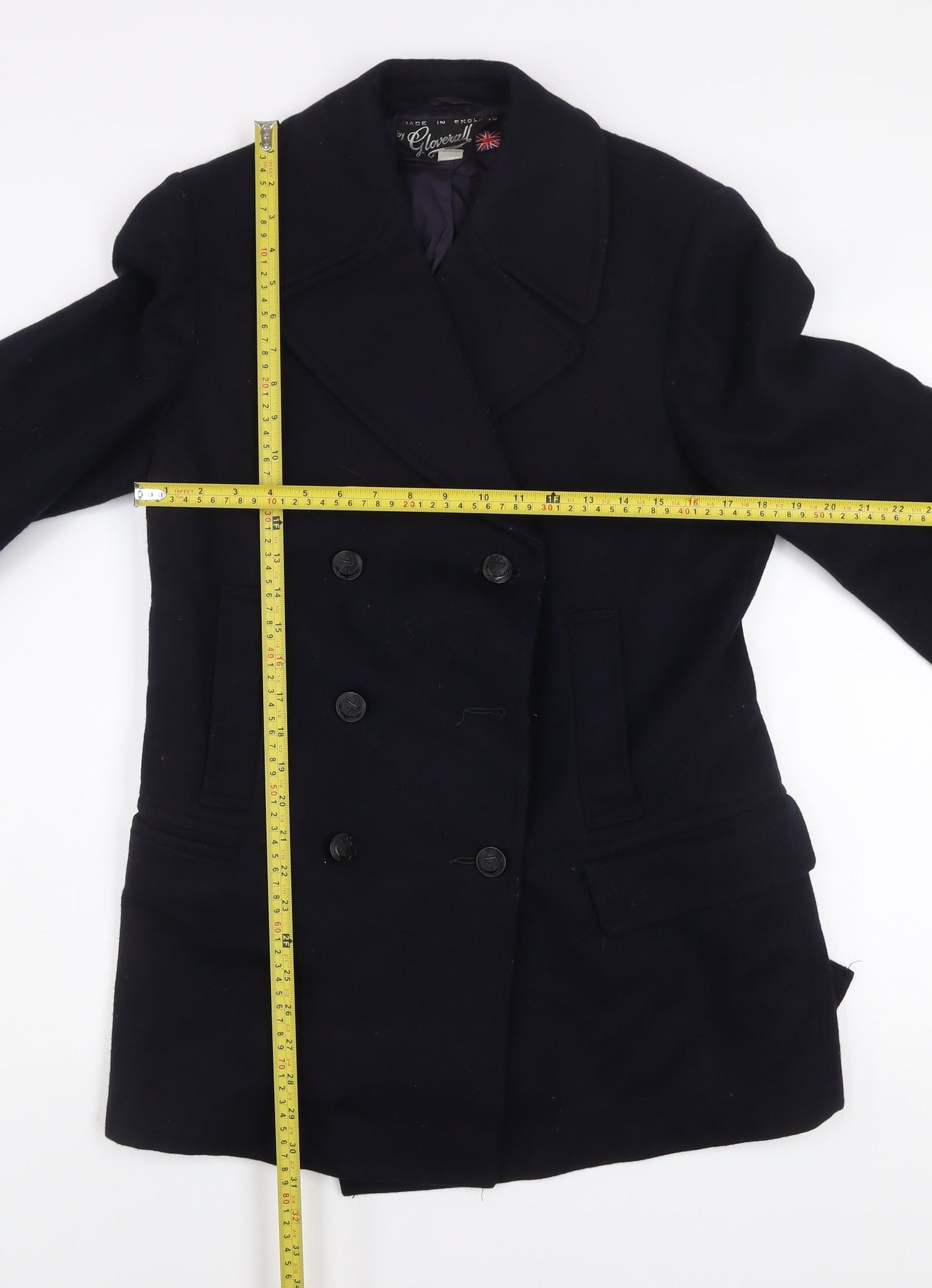 Gloverall Men's Black Wool Pea Coat Size 38 Classic Mid-Length