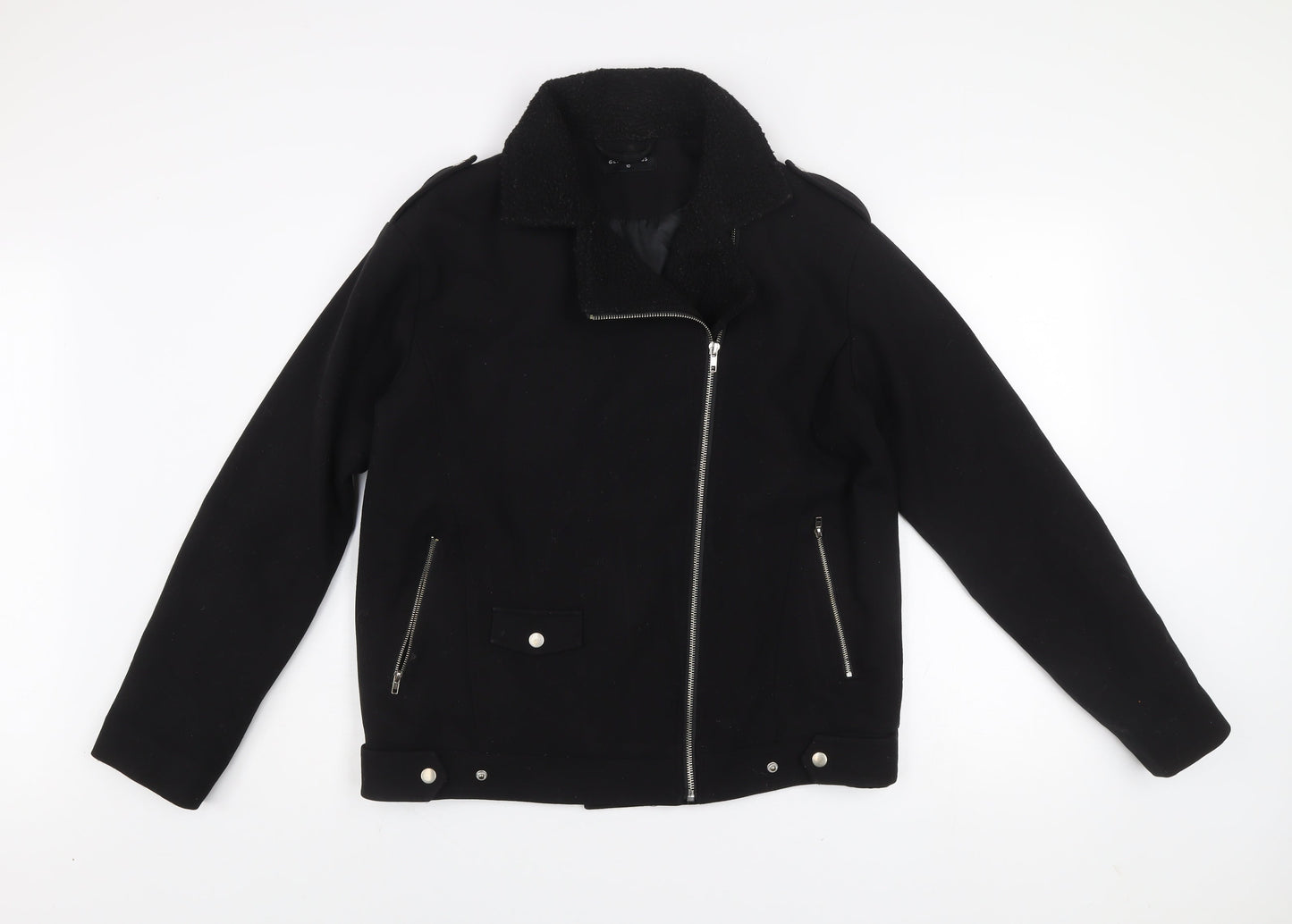 Glamorous Women's Black Biker Jacket Size 10 Lined Zip Casual