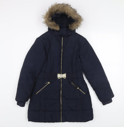 Tu Girls Blue Hooded Puffer Coat 9-10 Years Winter Mid-Length Faux Fur Trim