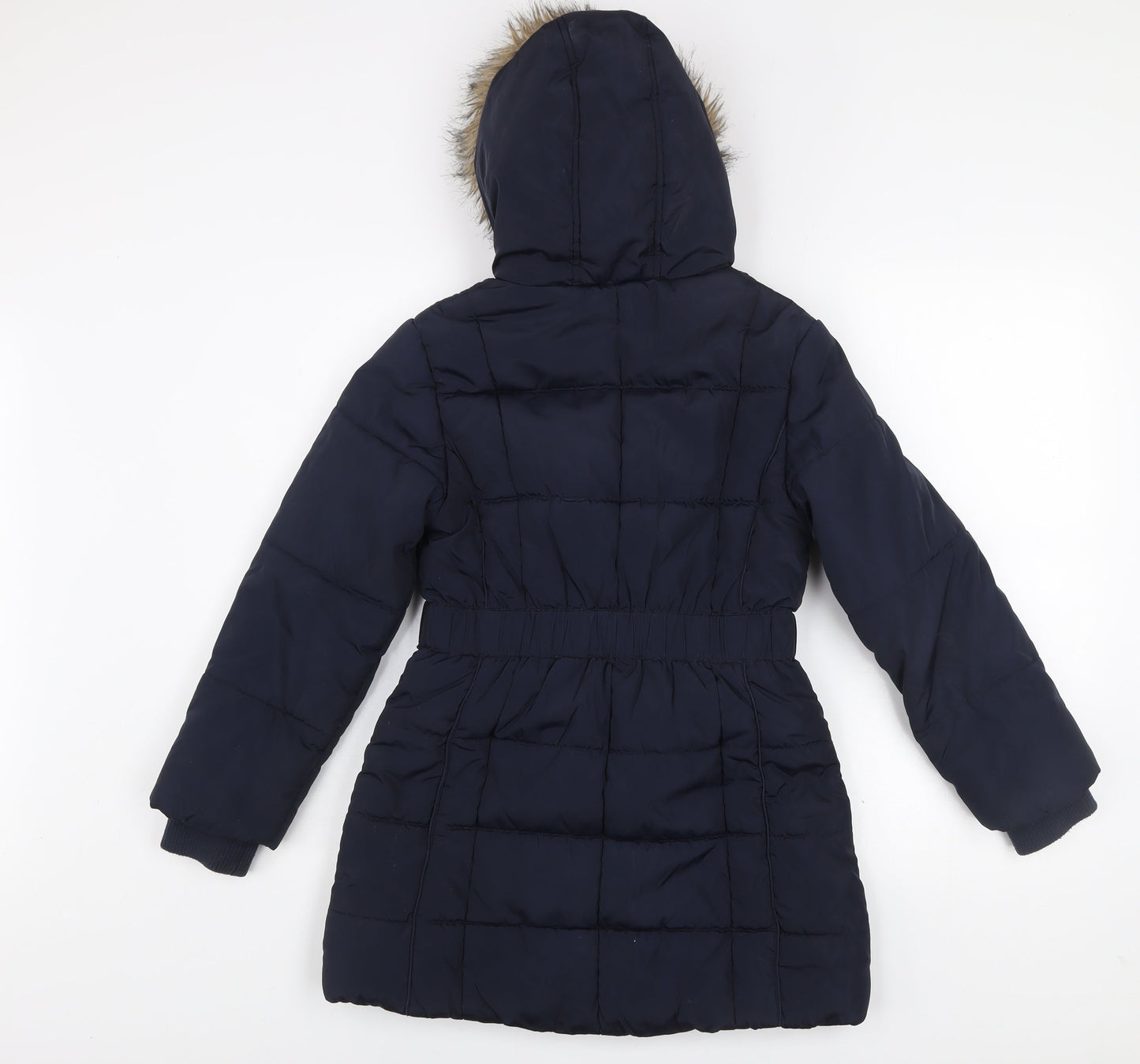 Tu Girls Blue Hooded Puffer Coat 9-10 Years Winter Mid-Length Faux Fur Trim