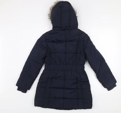 Tu Girls Blue Hooded Puffer Coat 9-10 Years Winter Mid-Length Faux Fur Trim