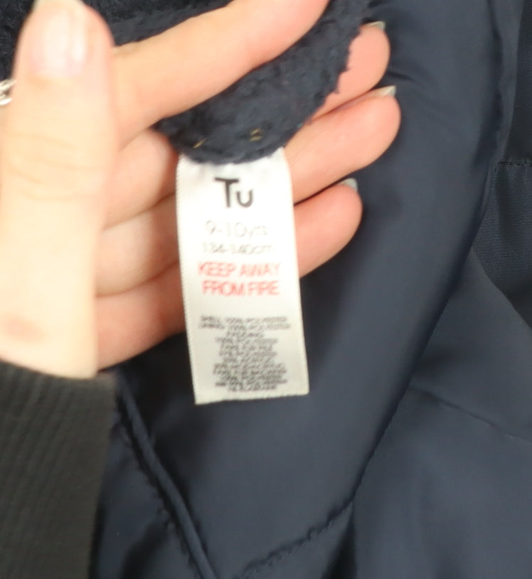 Tu Girls Blue Hooded Puffer Coat 9-10 Years Winter Mid-Length Faux Fur Trim