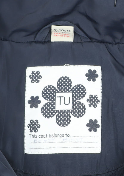 Tu Girls Blue Hooded Puffer Coat 9-10 Years Winter Mid-Length Faux Fur Trim