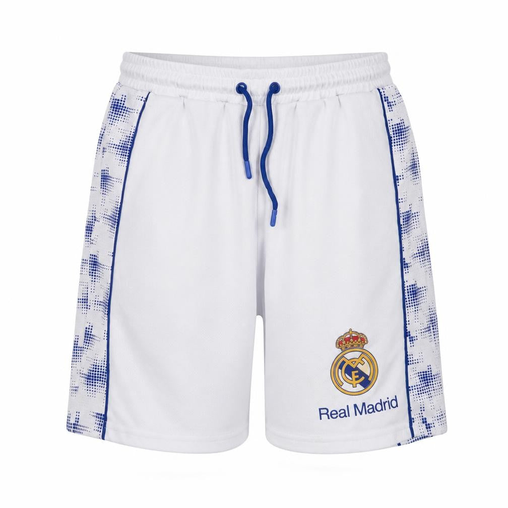 Front view of Real Madrid boys’ white football athletic shorts 11-12 years polyester