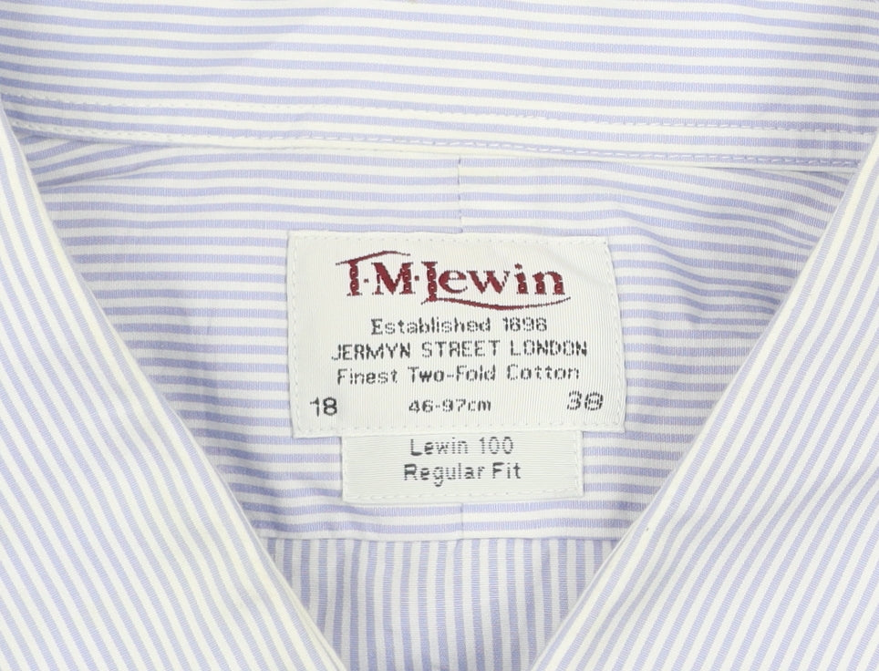 T.M. Lewin Men's Blue Striped 18 Regular Fit Cotton Dress Shirt