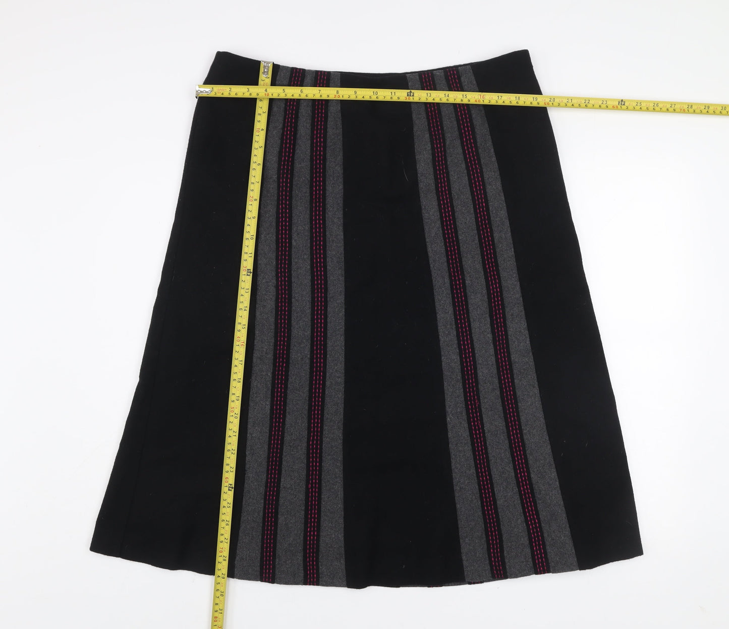 CC Women Black Wool Blend A-Line Striped Skirt Size 16