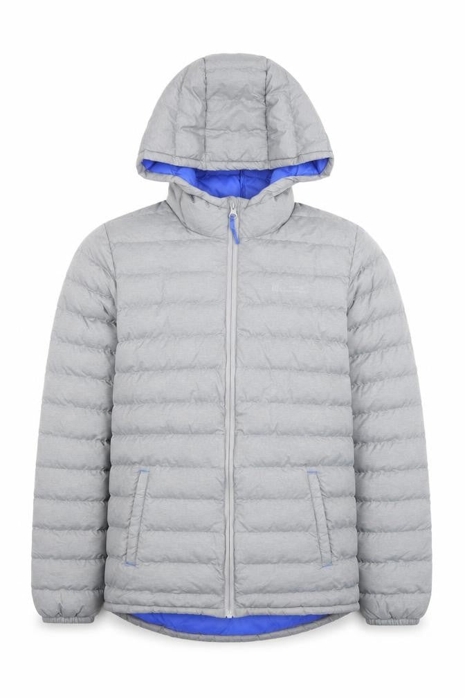 Front view of Mountain Warehouse boys’ grey hooded puffer jacket 13 years lightweight winter coat