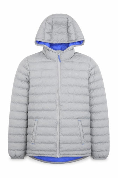 Front view of Mountain Warehouse boys’ grey hooded puffer jacket 13 years lightweight winter coat
