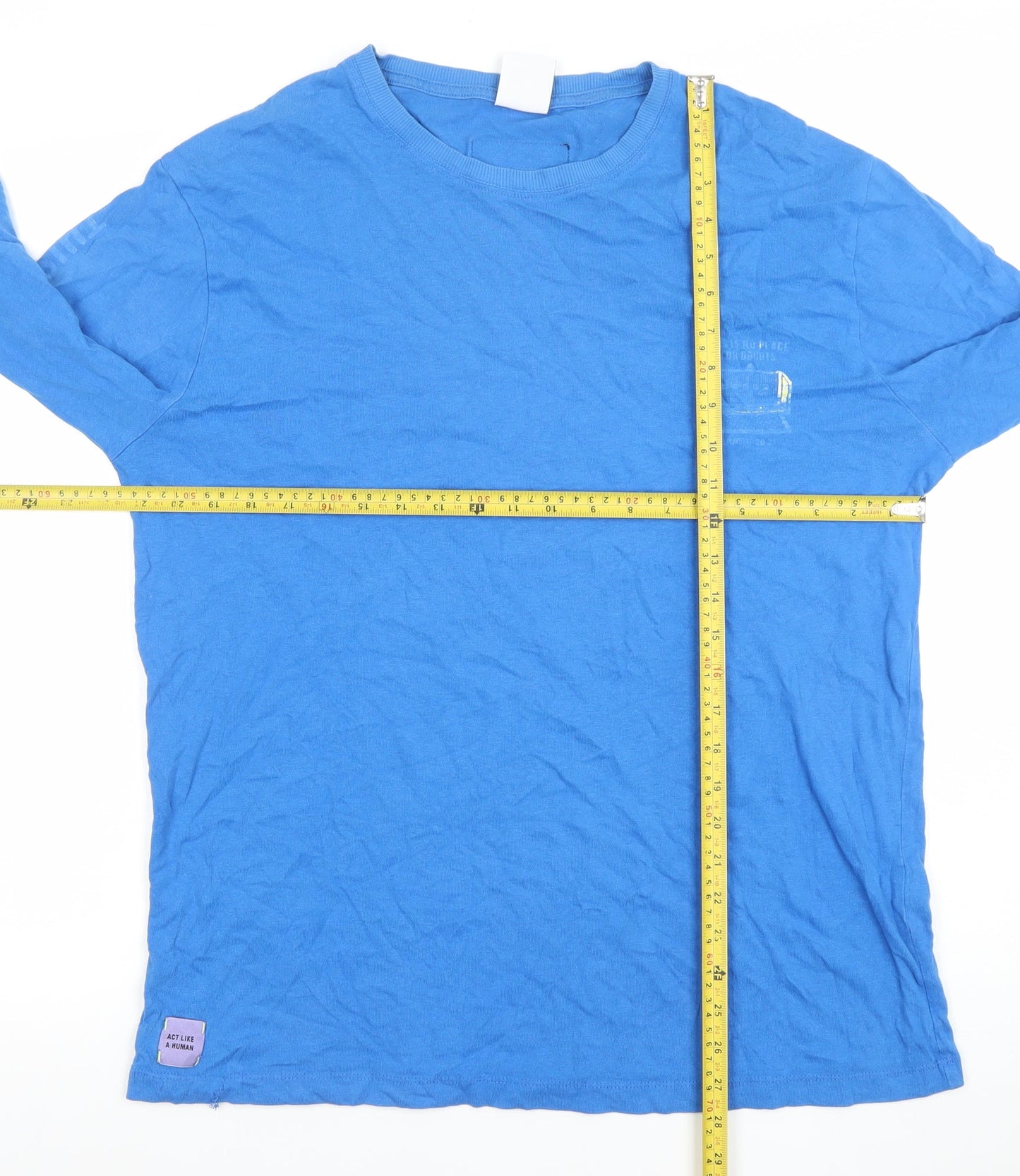 Zara Men Blue Cotton Long Sleeve Crew Neck T-Shirt Size M