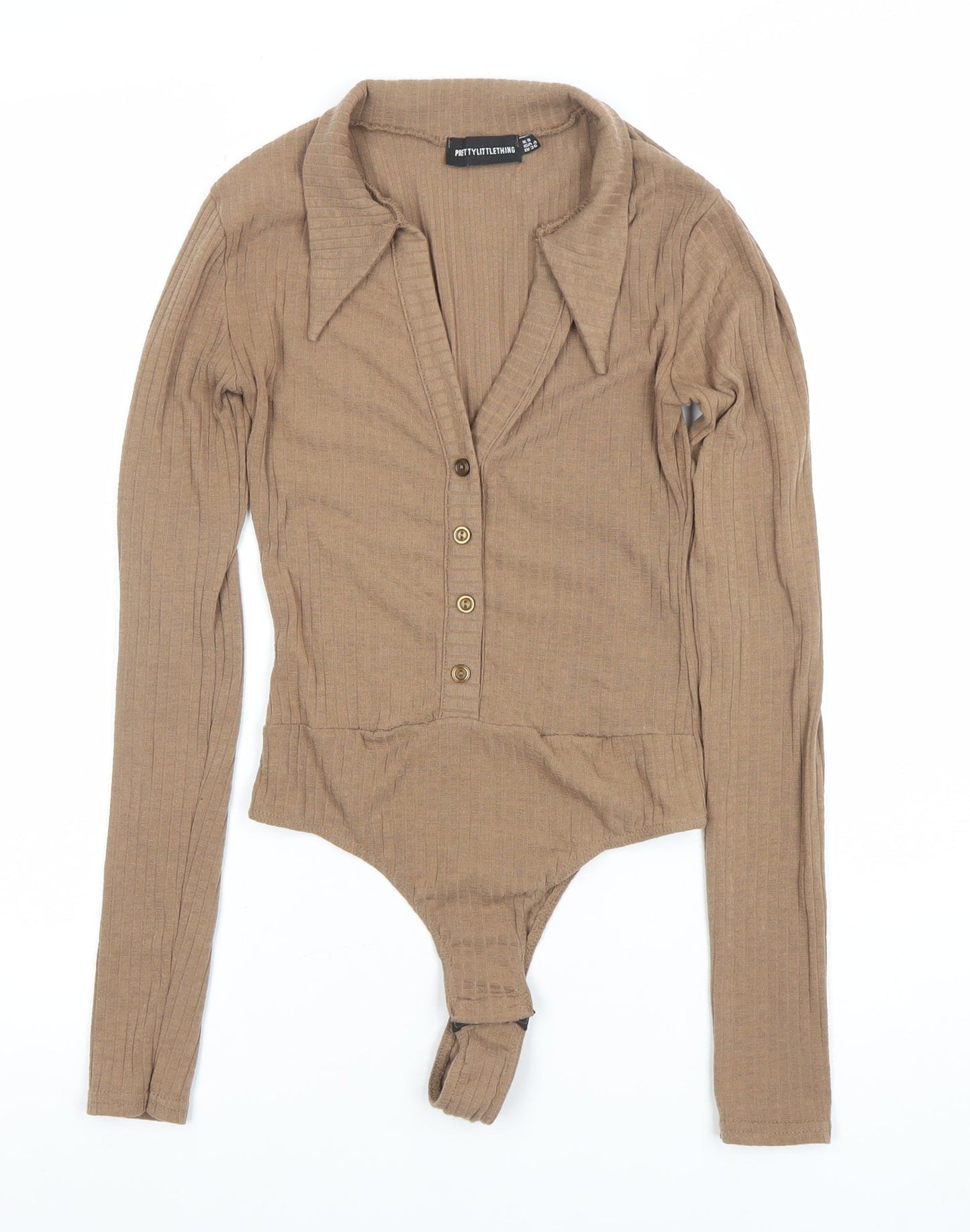 PrettyLittleThing Women’s Beige Ribbed Long Sleeve Collared Bodysuit Size 8