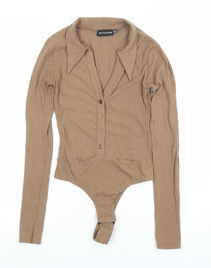 PrettyLittleThing Women’s Beige Ribbed Long Sleeve Collared Bodysuit Size 8