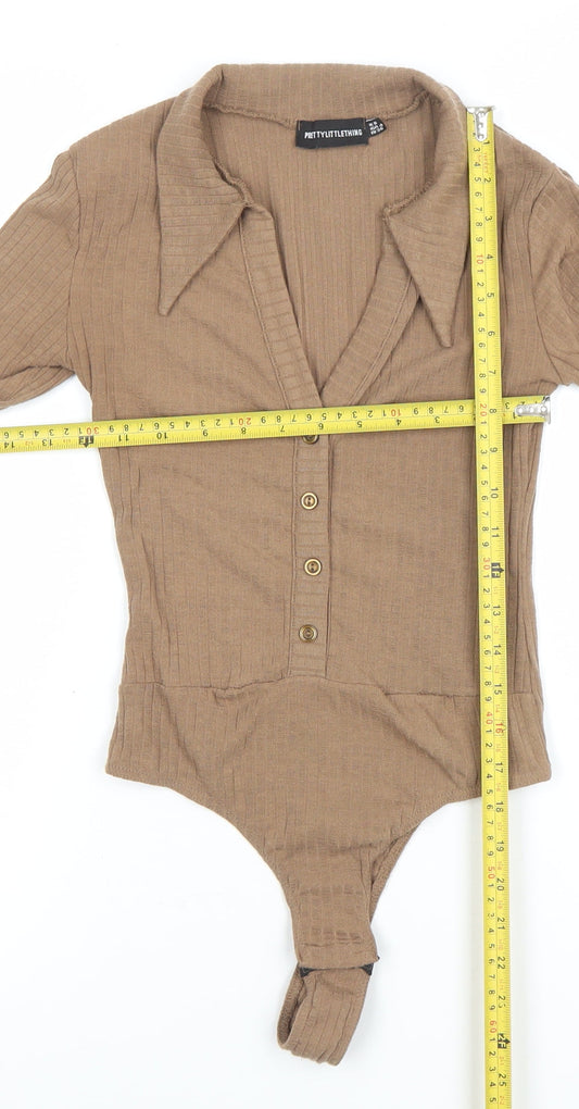 PrettyLittleThing Women’s Beige Ribbed Long Sleeve Collared Bodysuit Size 8