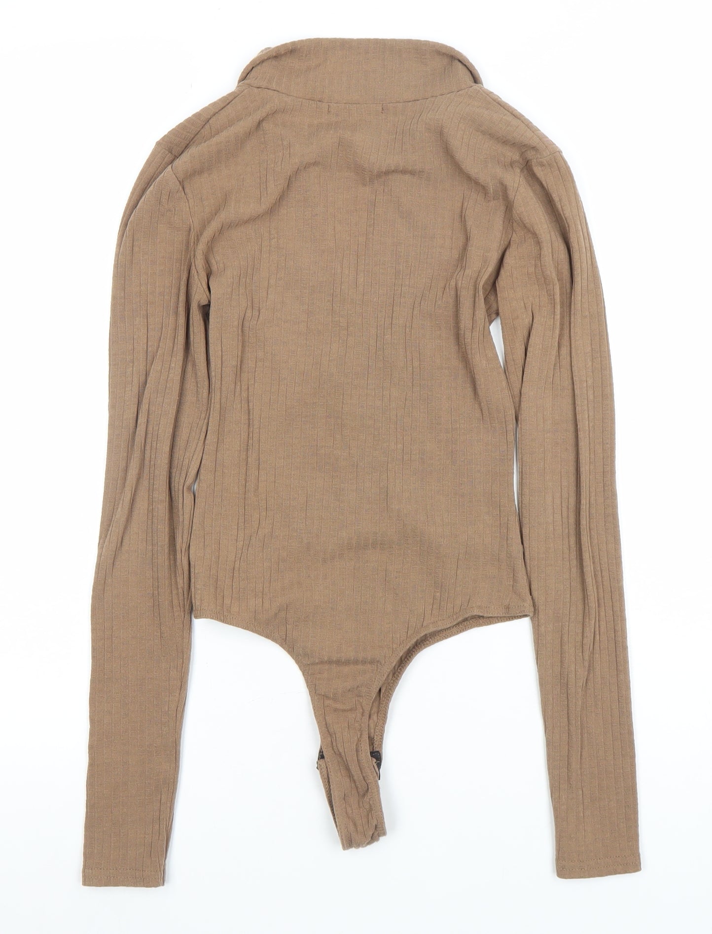 PrettyLittleThing Women’s Beige Ribbed Long Sleeve Collared Bodysuit Size 8