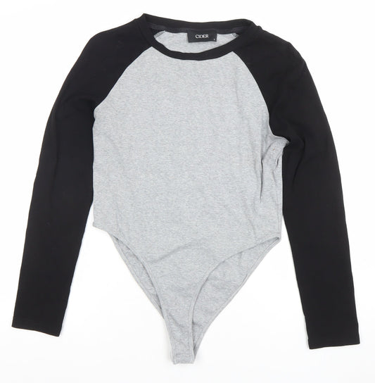 Cider Womens Grey Black Long Sleeve Bodysuit L