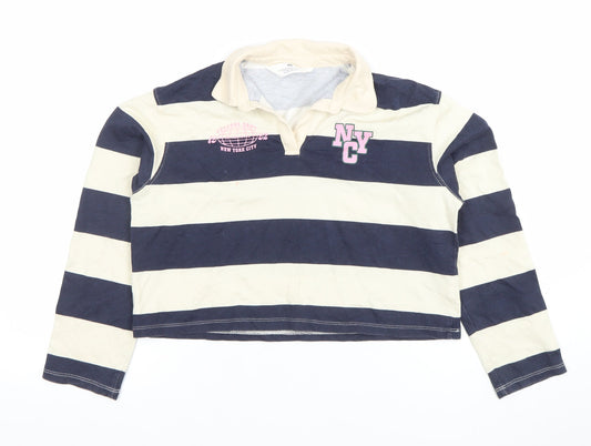H&M Girls Blue Beige Striped Long Sleeve Polo Top 10-12 Years
