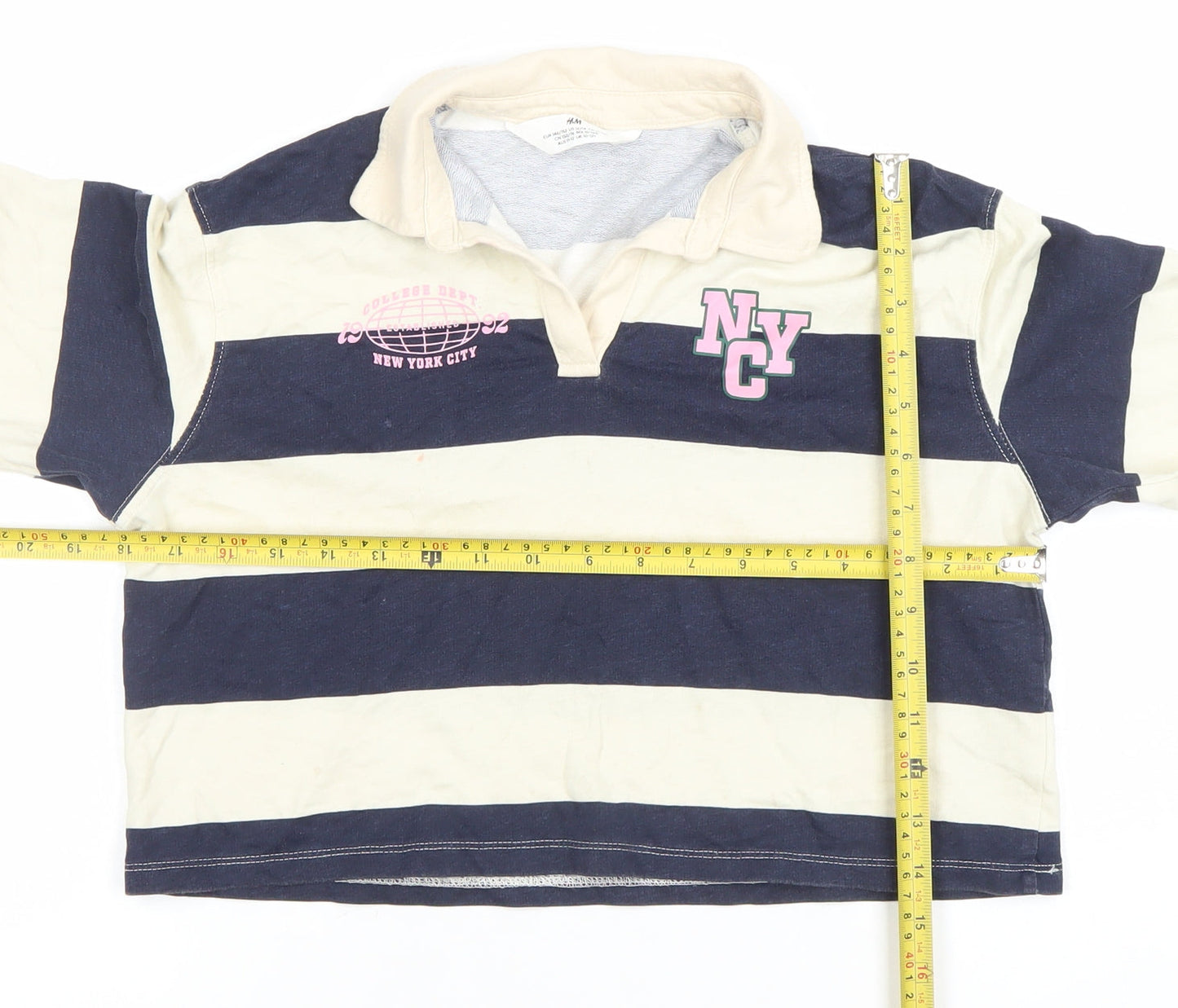 H&M Girls Blue Beige Striped Long Sleeve Polo Top 10-12 Years
