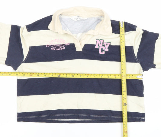 H&M Girls Blue Beige Striped Long Sleeve Polo Top 10-12 Years