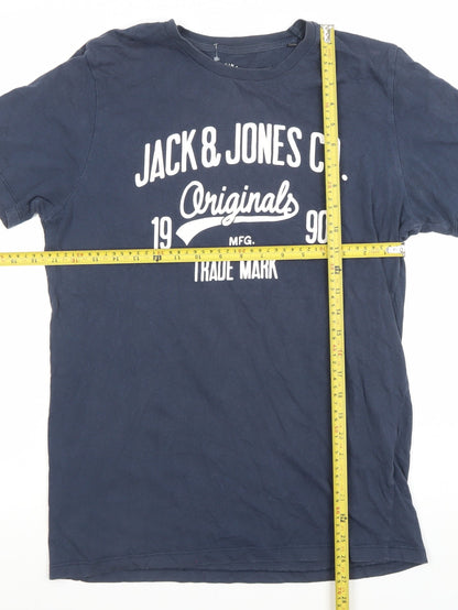 Jack & Jones Mens Blue Originals Graphic Crew Neck Cotton T-Shirt Size M