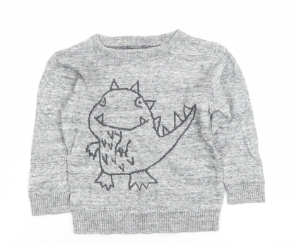 Next Unisex Grey Dinosaur Knit Jumper 12-18 Months Pullover Cotton