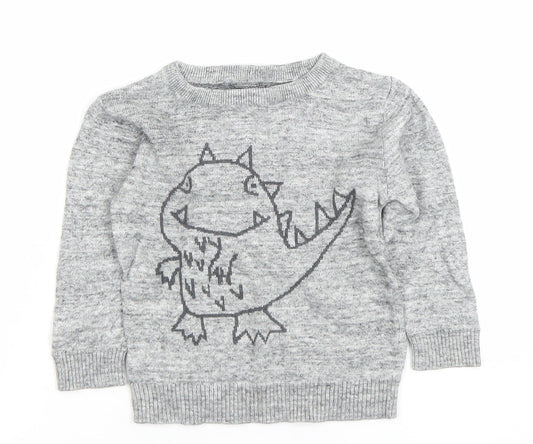 Next Unisex Grey Dinosaur Knit Jumper 12-18 Months Pullover Cotton