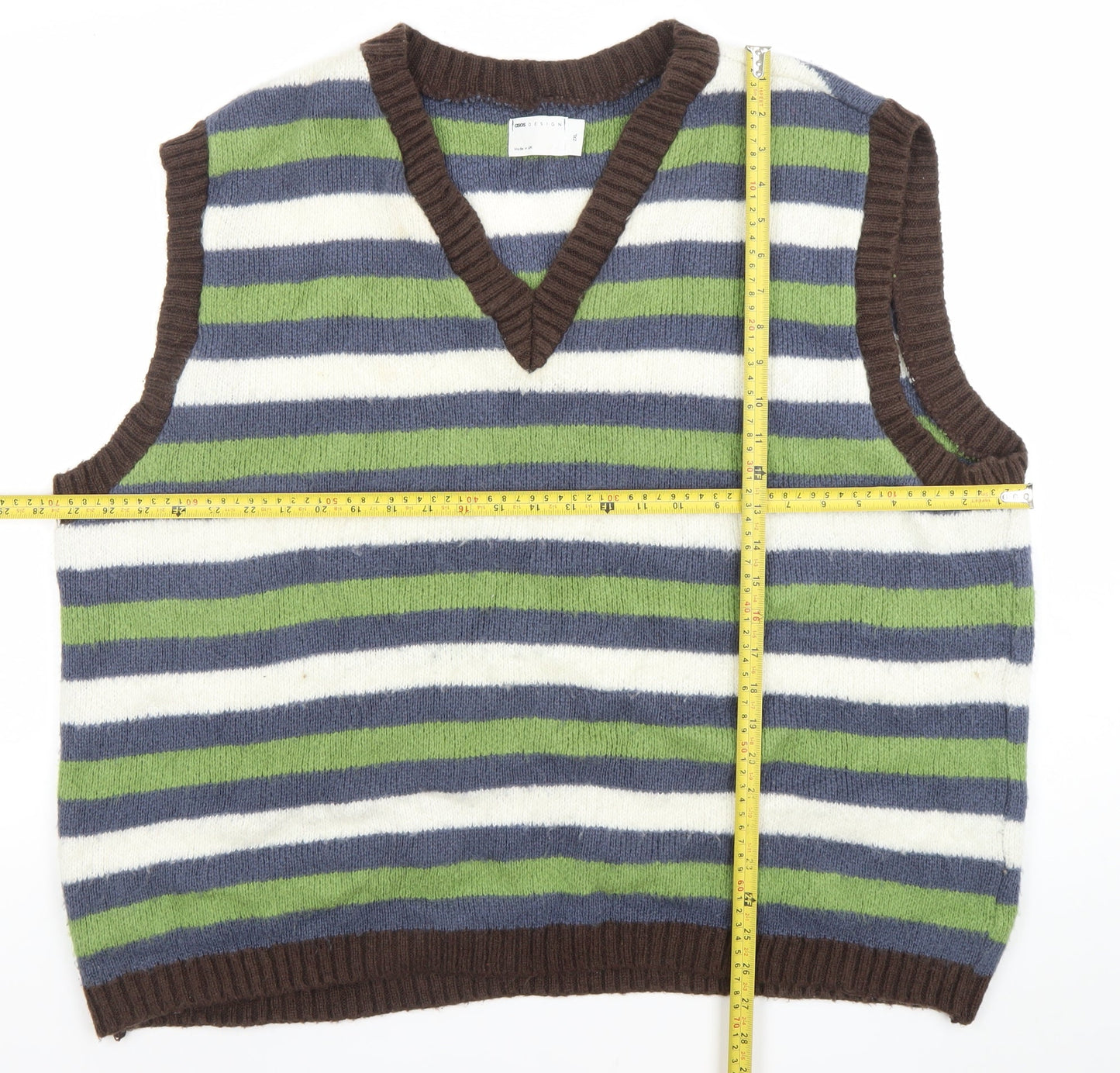 ASOS DESIGN Men’s Multicoloured Striped 2XL V-Neck Sleeveless Knit Vest