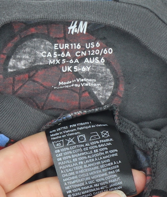 H&M Boys Grey Spider-Man Graphic Print Short Sleeve Cotton T-Shirt 5-6 Years