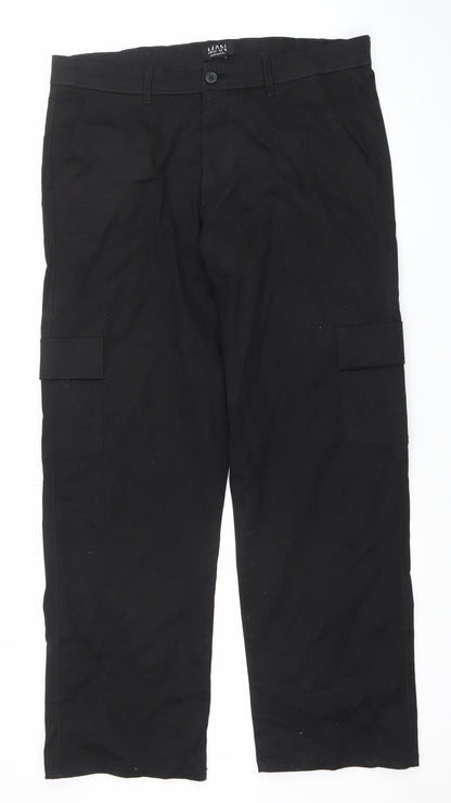 boohooMAN Men's Black Cargo Trousers Size 34 Slim Fit Cotton Blend