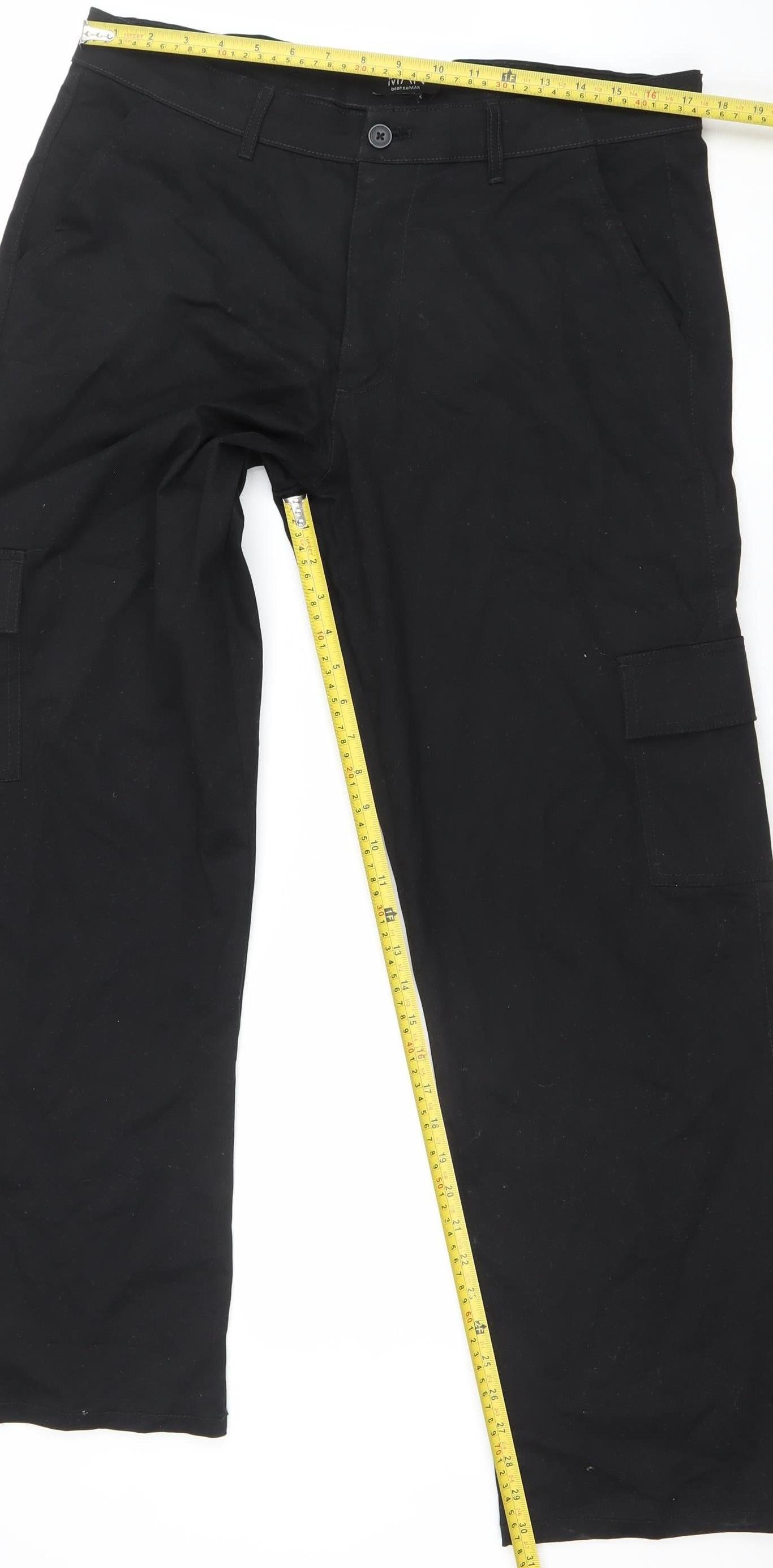 boohooMAN Men's Black Cargo Trousers Size 34 Slim Fit Cotton Blend