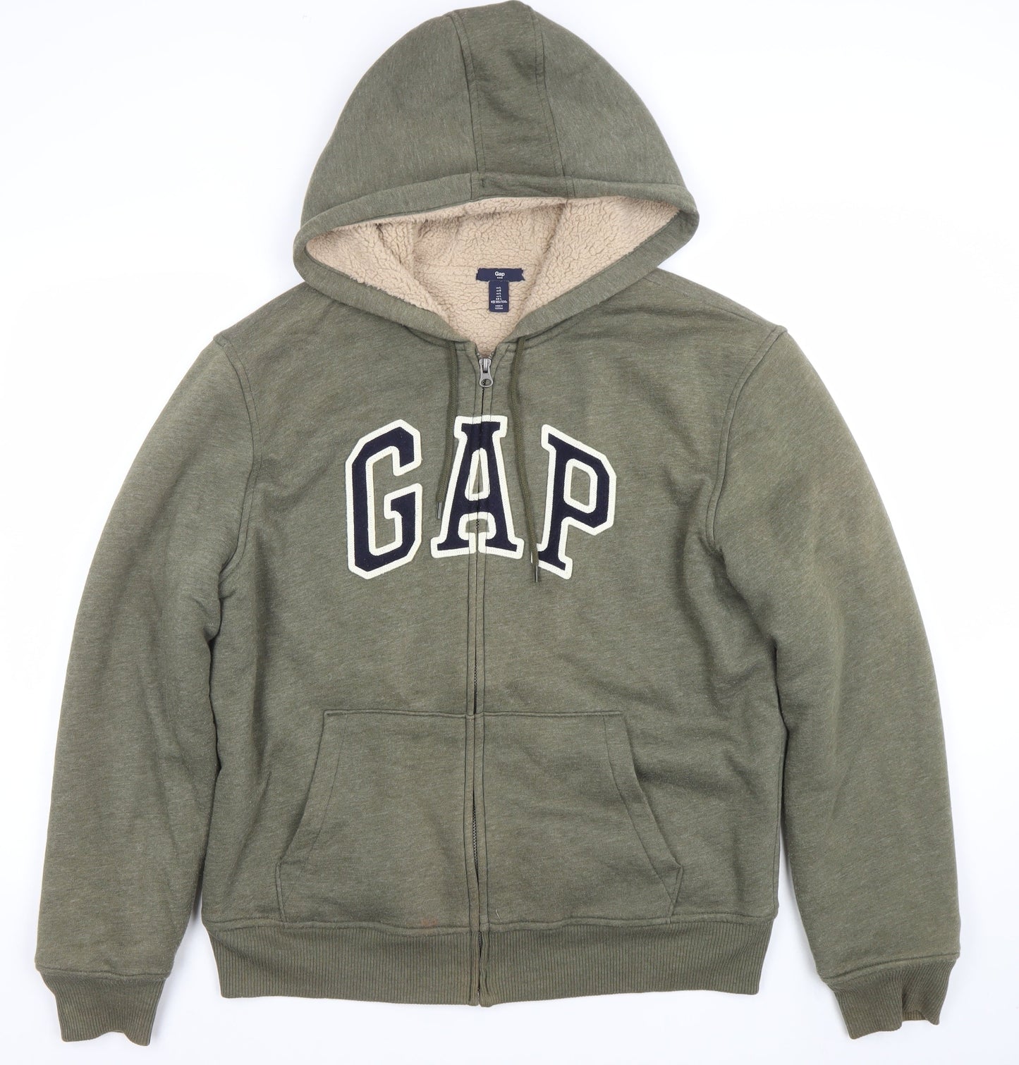 GAP Women Khaki Green Full Zip Hooded Sweatshirt Size L Fleece Lined
