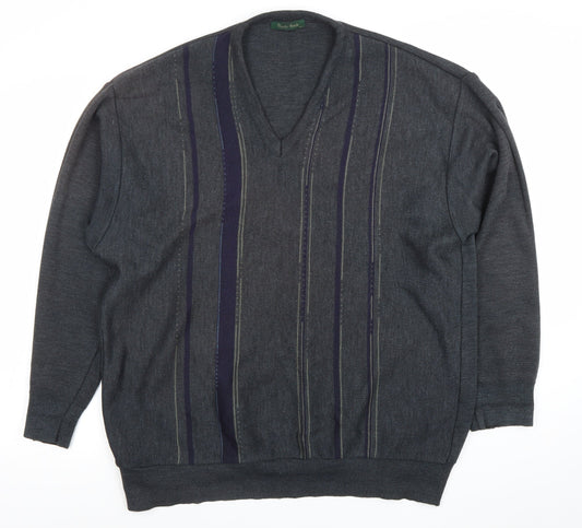 Peter Rath Men’s Grey Striped V-Neck Wool Blend Jumper XL